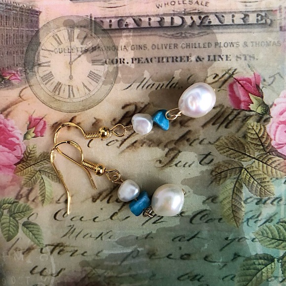 Natural turquoise & freshwater pearl 14k gold filled  drop earrings - Picture 5 of 5